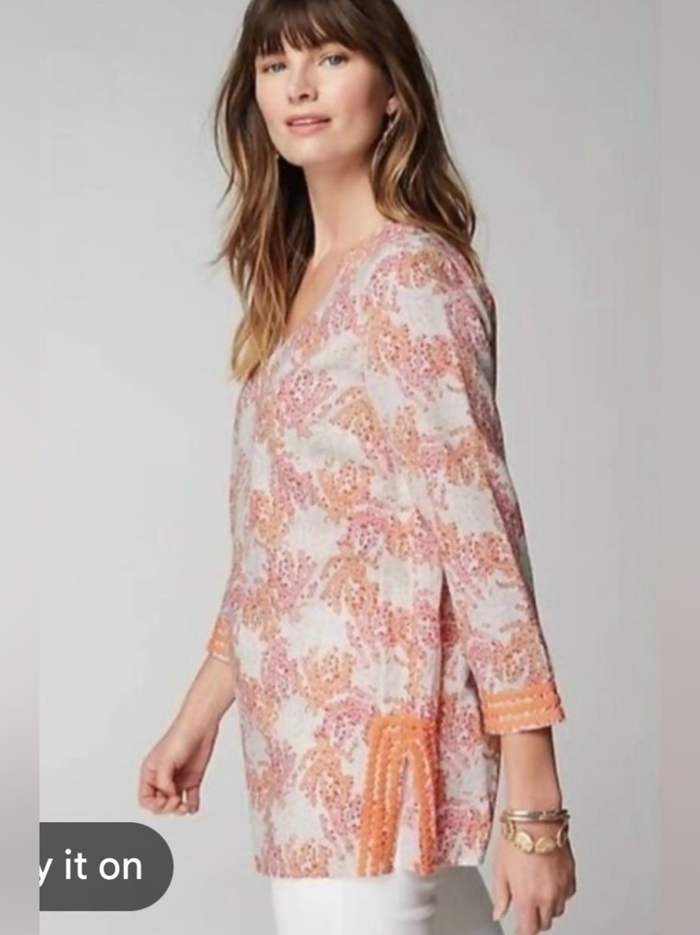 J Jill Blouse Tunic L Linen Blend Pink Orange Tropical Beach